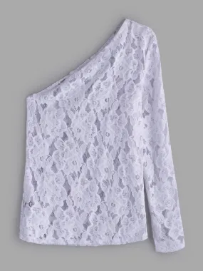Asymmetrical One Shoulder Plain Lace Long Sleeve White T-Shirts