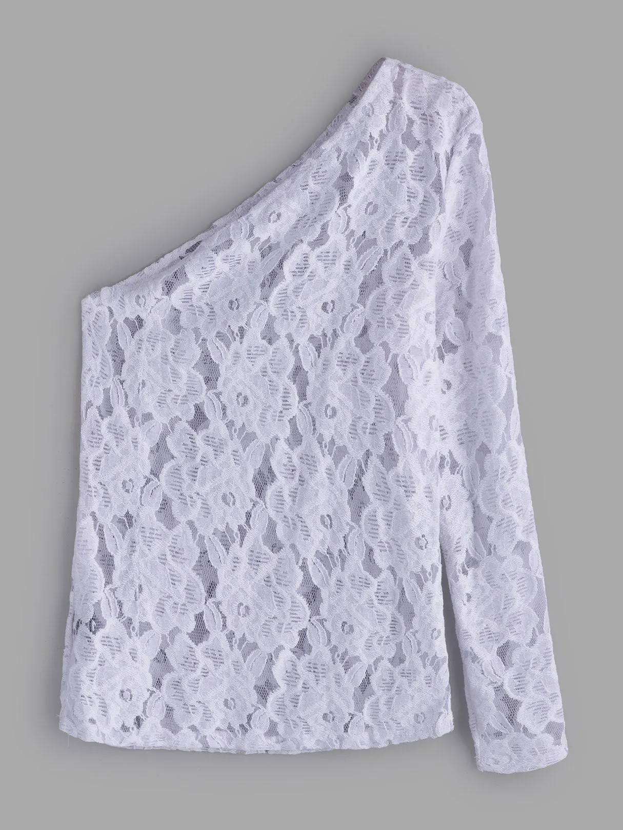 Asymmetrical One Shoulder Plain Lace Long Sleeve White T-Shirts