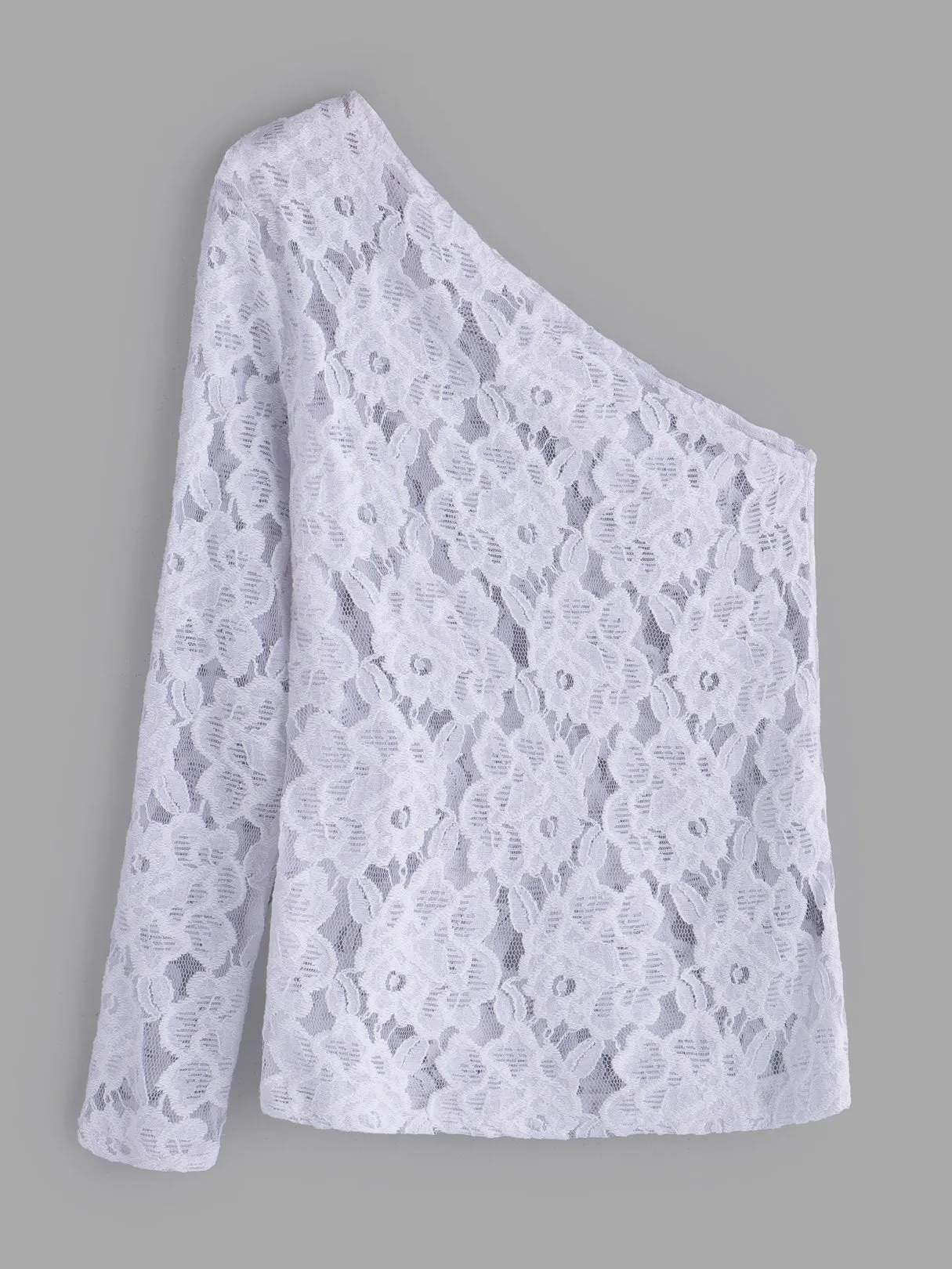 Asymmetrical One Shoulder Plain Lace Long Sleeve White T-Shirts