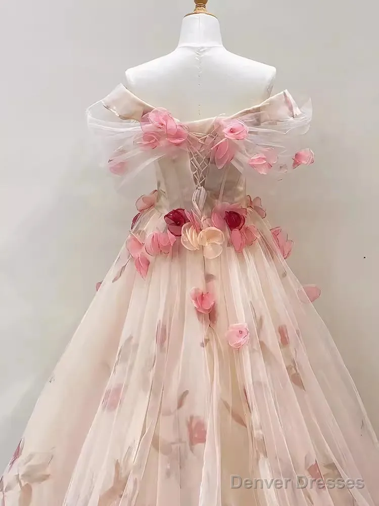 Ball Gown Champagne Floral Prom Dress Long Party Dresses