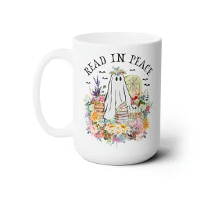 Bookish Floral Ghost Coffee Mug for Halloween: 15 Oz Coffee Cup for Reader