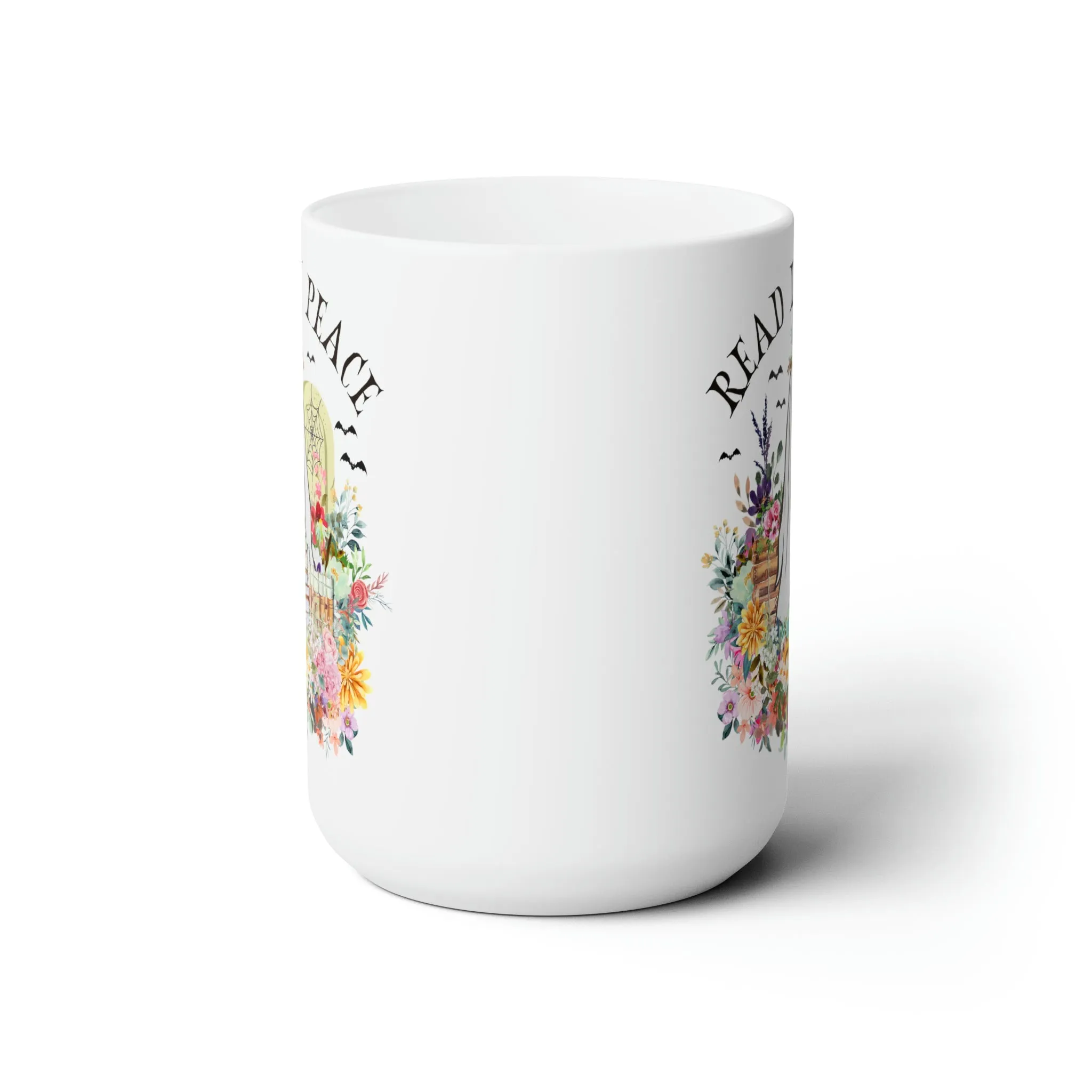 Bookish Floral Ghost Coffee Mug for Halloween: 15 Oz Coffee Cup for Reader