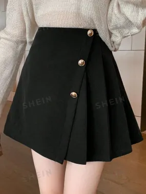 DAZY Solid Color Asymmetric Pleated Front Button Closure Elegant, Black Skirt For Women