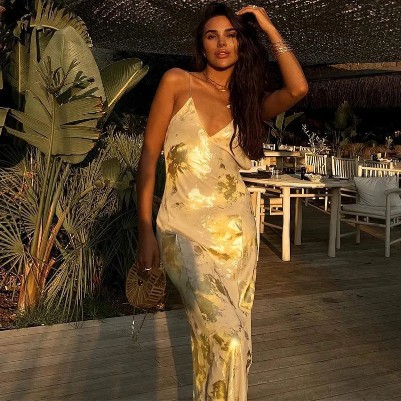 Dulzura Gold Strap V Neck Backless Long Metal Party Club Outfit Summer Floral Dress
