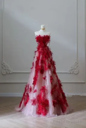 Elegant A Line Strapless Tulle Floral Red Prom Dress