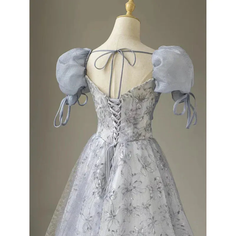 Elegant Formal Women's Dresses Cute Floral Printed Long Prom Dress A Line Puff Sleeves Blue Party Gown