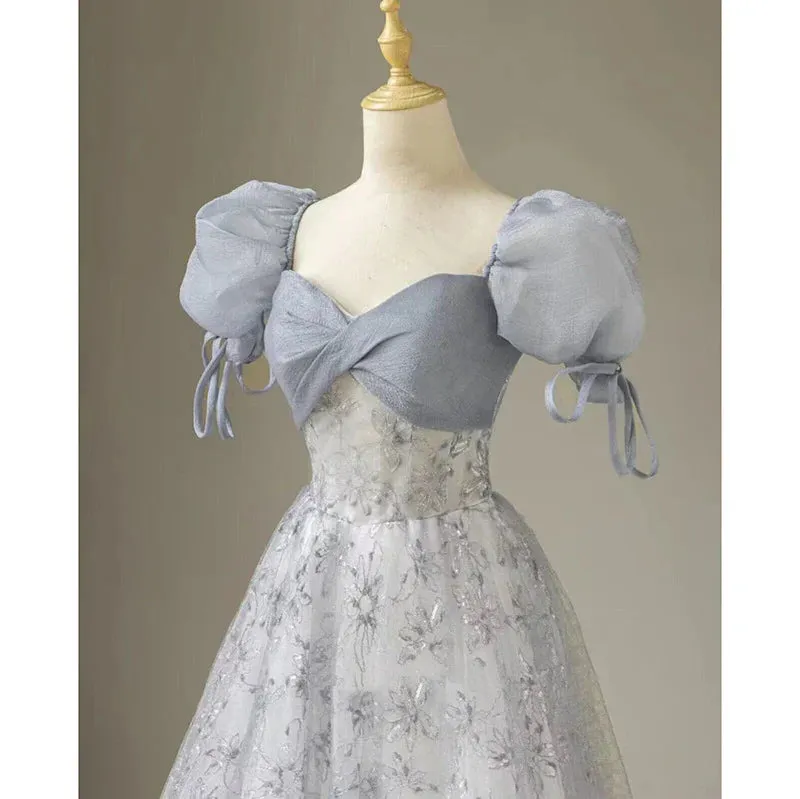 Elegant Formal Women's Dresses Cute Floral Printed Long Prom Dress A Line Puff Sleeves Blue Party Gown
