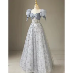 Elegant Formal Women's Dresses Cute Floral Printed Long Prom Dress A Line Puff Sleeves Blue Party Gown