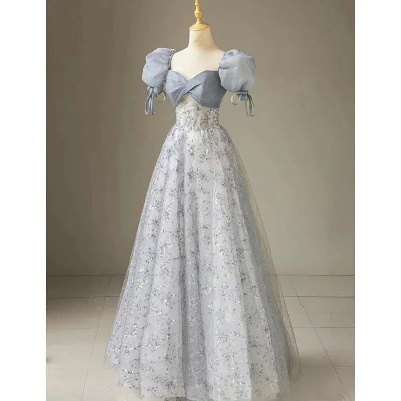 Elegant Formal Women's Dresses Cute Floral Printed Long Prom Dress A Line Puff Sleeves Blue Party Gown