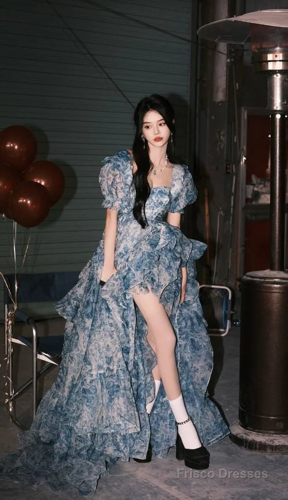 Elegant High Low Blue Floral Prom Dresses Long Formal Dress
