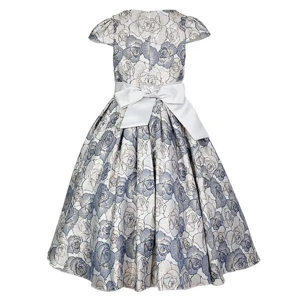 GIRLS FLORAL DAMASK DRESS - BLUE