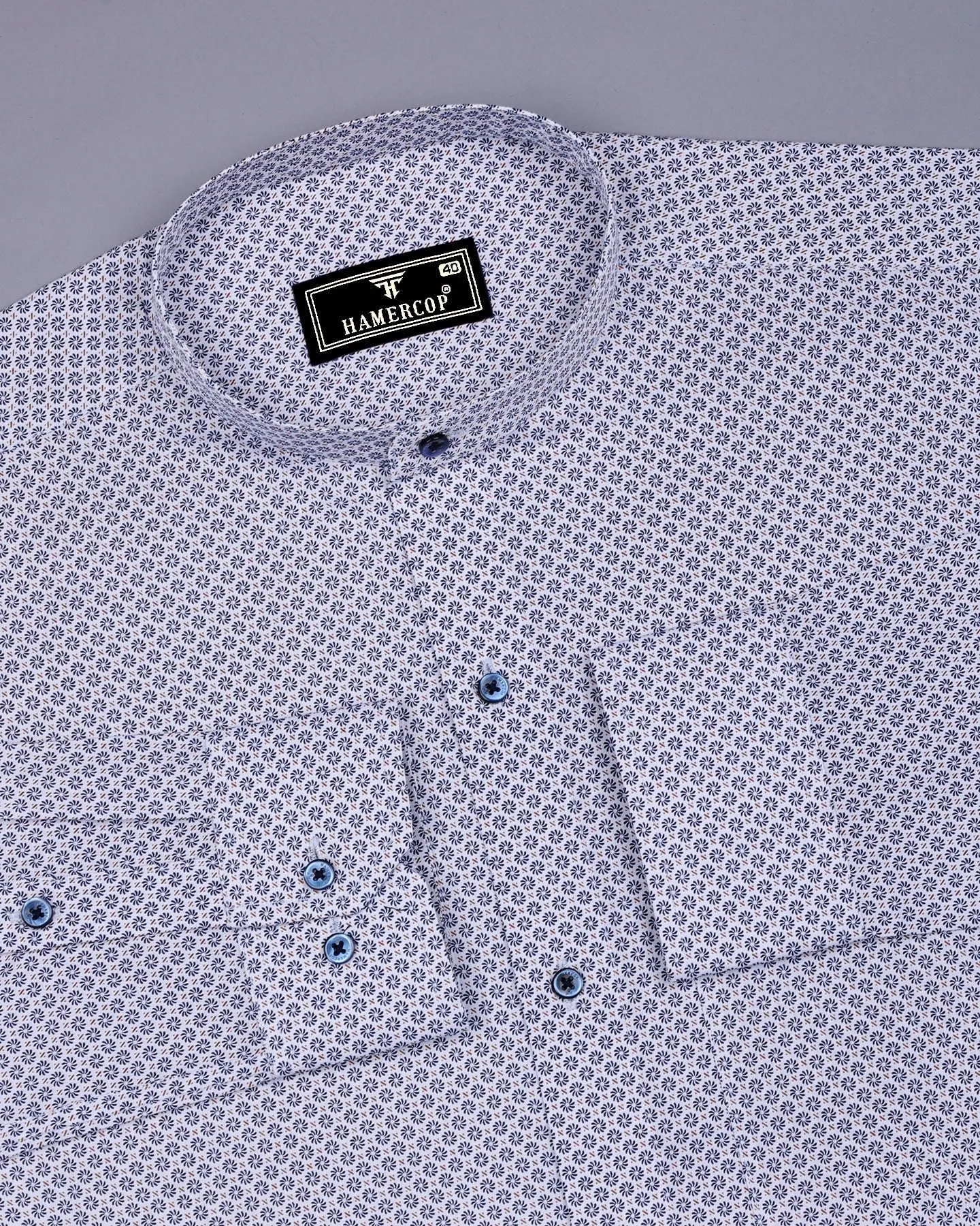 Lorient White With Blue Printed Cotton Shirt
