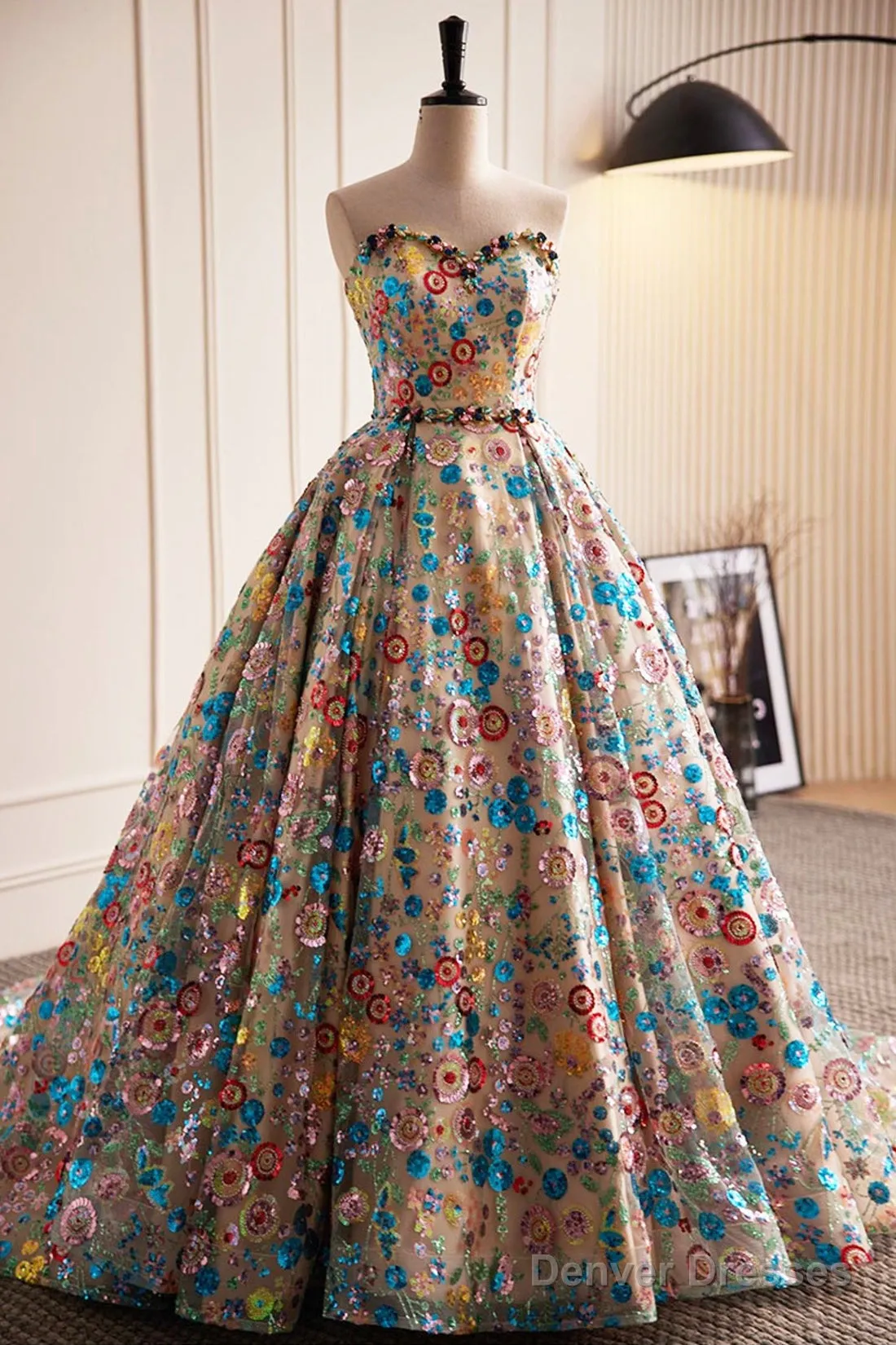 Lovely Sweetheart Floral Sequin Long Prom Dress, A-Line Strapless Evening Dress