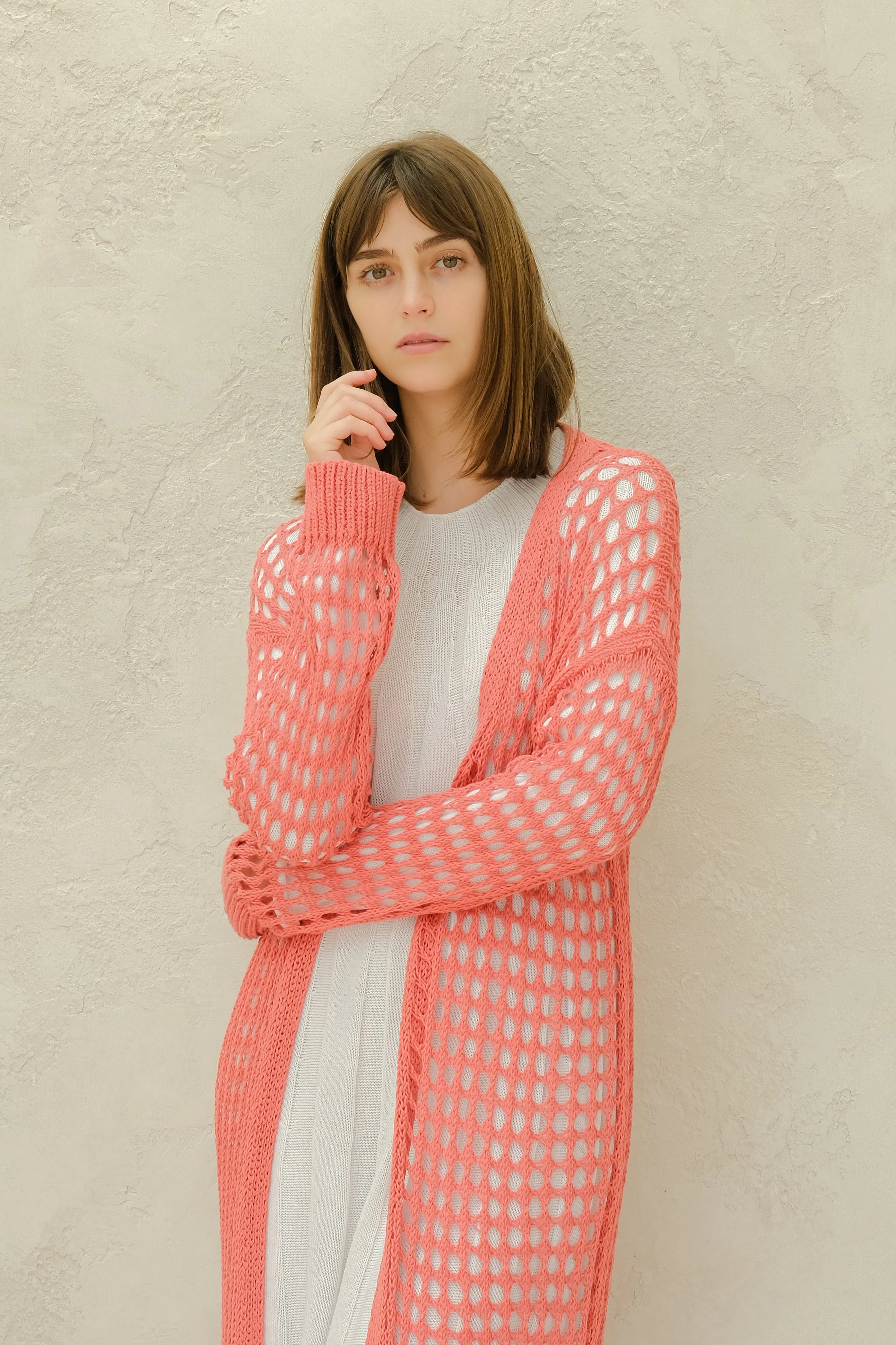 Maxi cardigan in cotone all'uncinetto