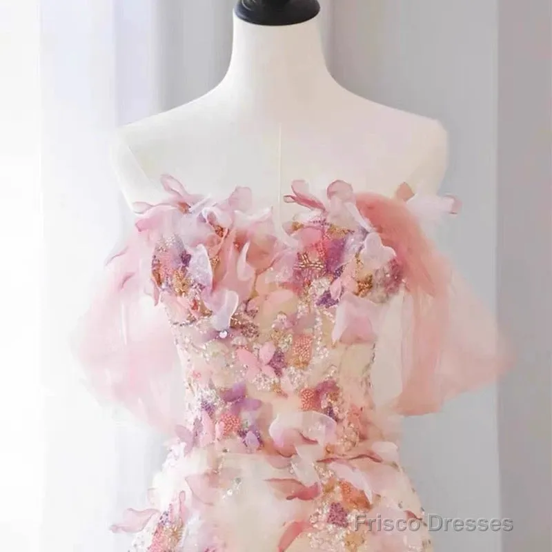Sexy A Line Off The Shoulder Pink Tulle Floor Length Floral Prom Dresses