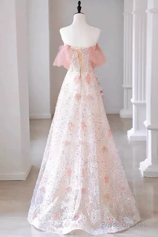 Sexy A Line Off The Shoulder Pink Tulle Floor Length Floral Prom Dresses