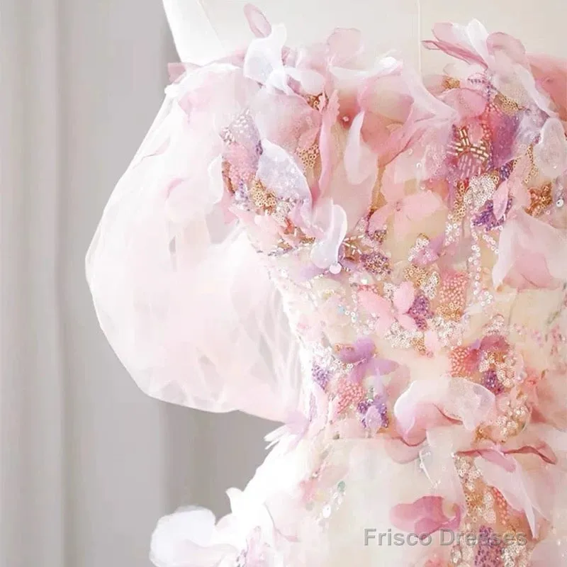 Sexy A Line Off The Shoulder Pink Tulle Floor Length Floral Prom Dresses
