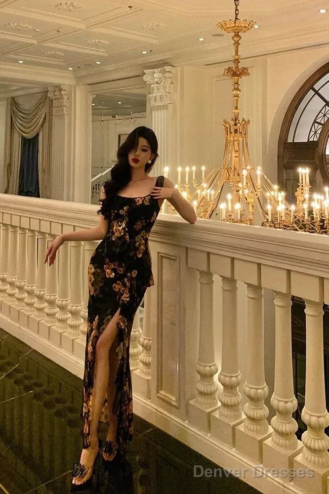 Sexy Sheath Straps Floral Chiffon Slit Long Prom Dresses Birthday Outfits