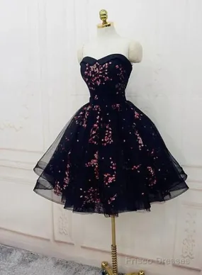 Simple Short Black Tulle Party Dress With Floral, Lovely Short Prom Dress