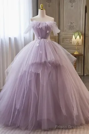 Tulle Floral Ball Gown Princess Lavender Prom Dress