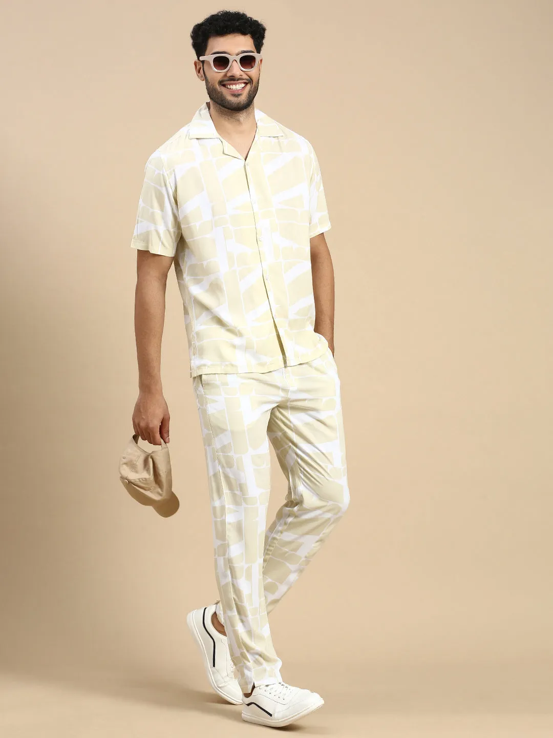 Unisex Cubano Beige Printed Relaxed Fit Resort Shirt
