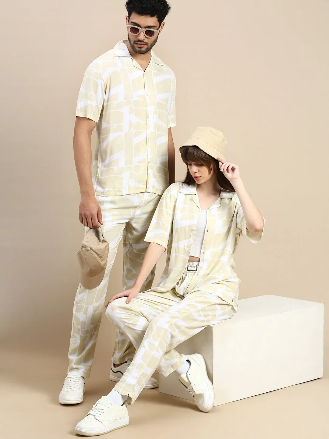 Unisex Cubano Beige Printed Relaxed Fit Resort Shirt