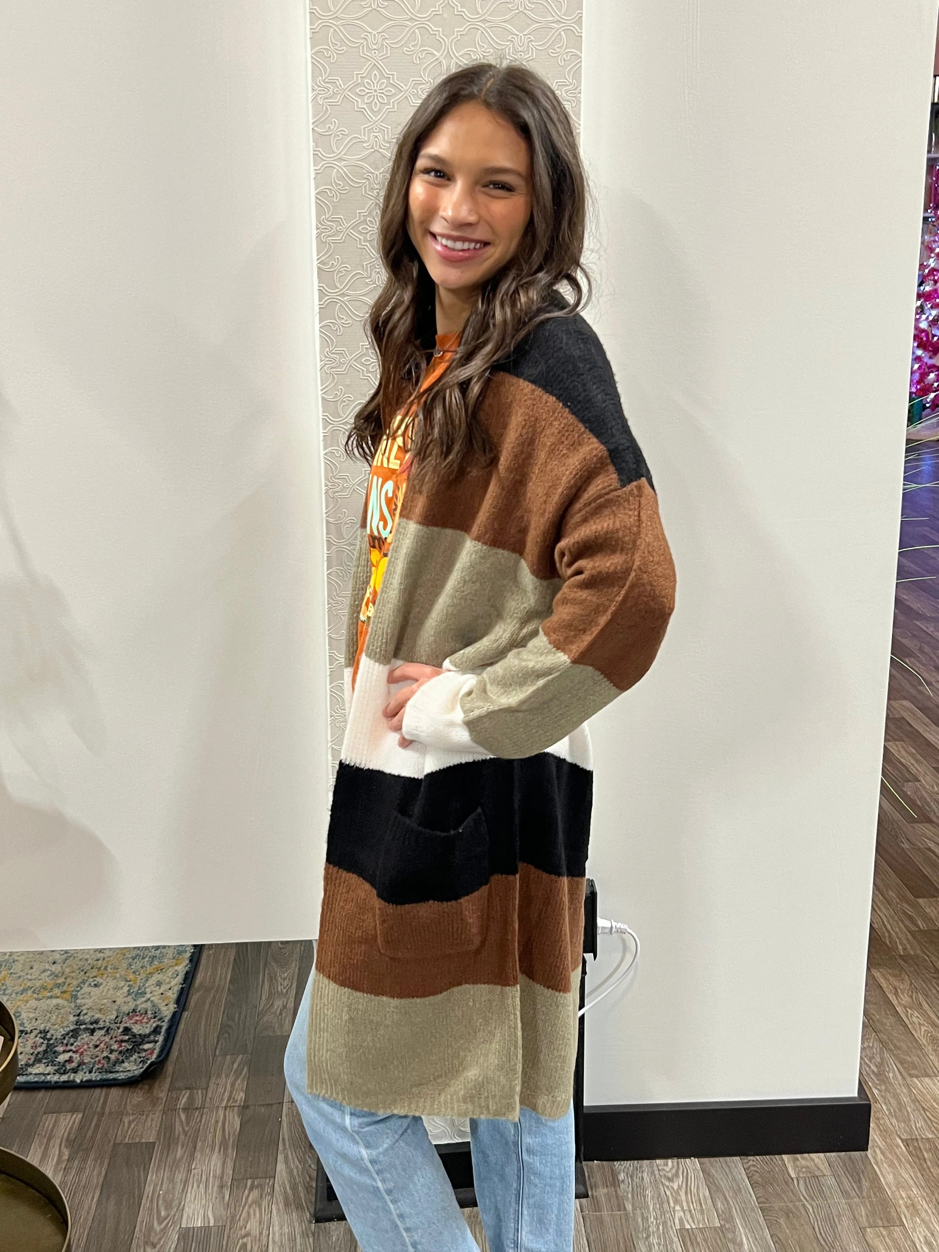 Women's Long Sleeve Open Front Color Block Cardigan